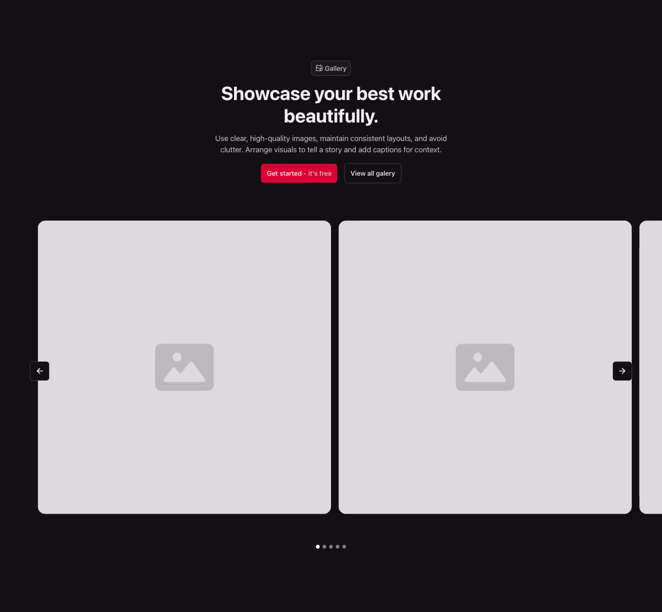 Gallery component with a centered heading, featuring images displayed in a 2-column slider.