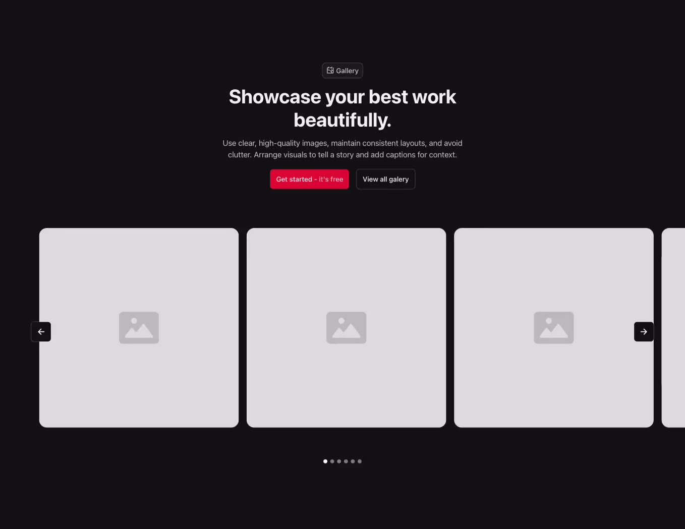 Gallery component with a centered heading, featuring images displayed in a 3-column slider.