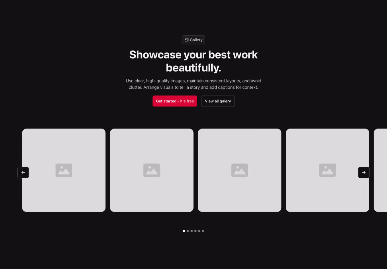 Gallery component with a centered heading, featuring images displayed in a 4-column slider.