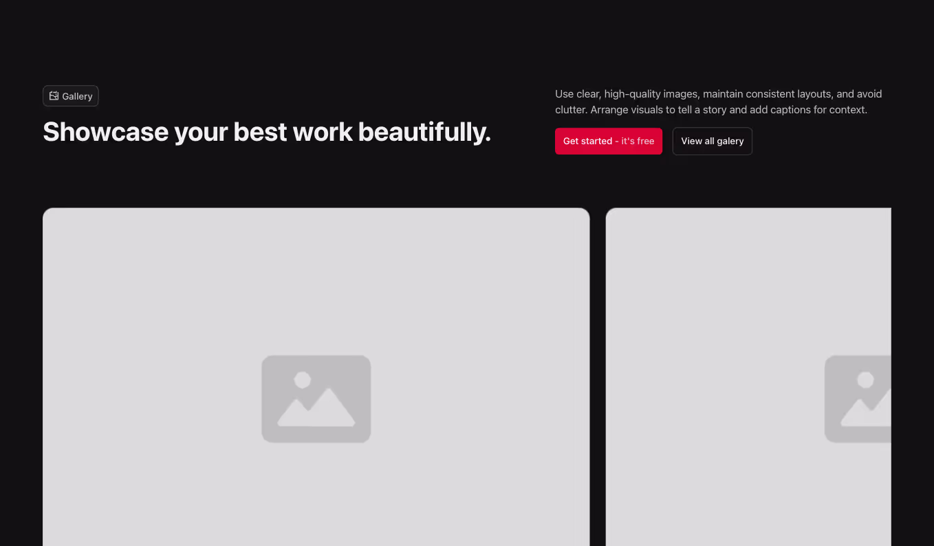 Gallery component with a horizontally aligned heading and images centered, displayed in a 1-column slider.