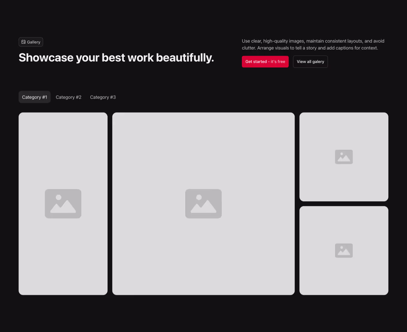 Gallery component with a horizontally aligned heading and 4 images displayed in a 3-column bento layout. The images are organized into tabs.