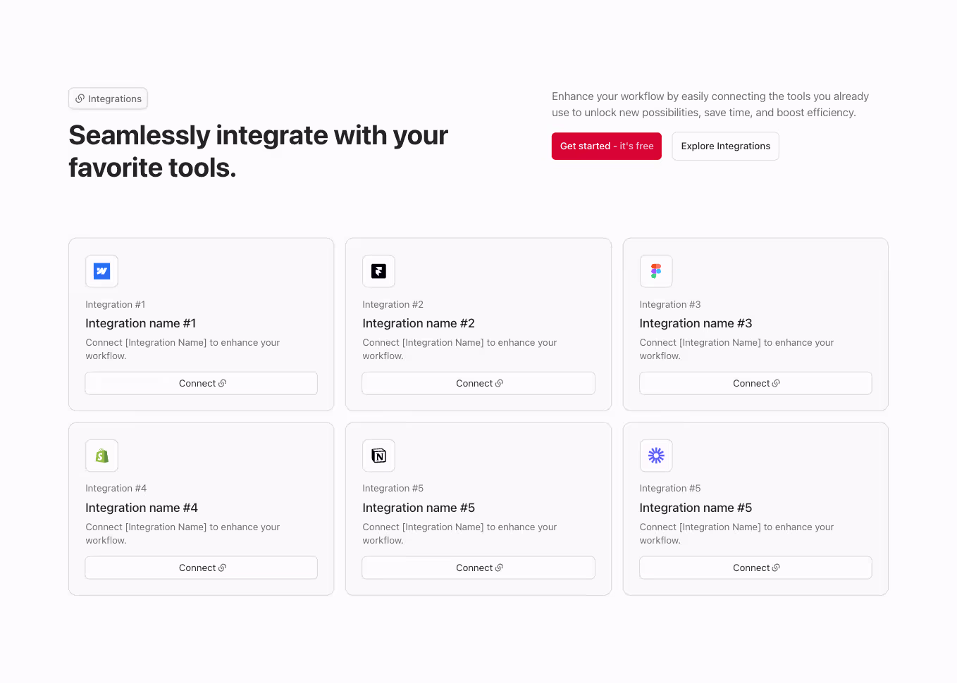 A Webflow integration section component with a horizontally aligned heading and a 3-column grid layout displaying integration cards.