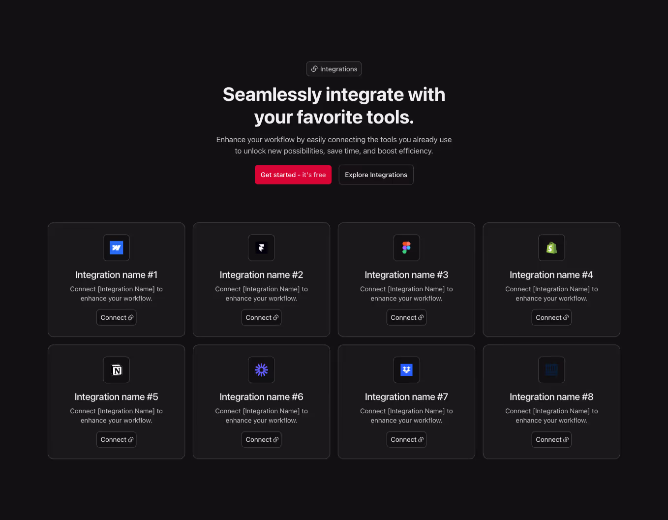 A Webflow integration section component with a centered heading and a 4-column grid layout displaying integration cards.
