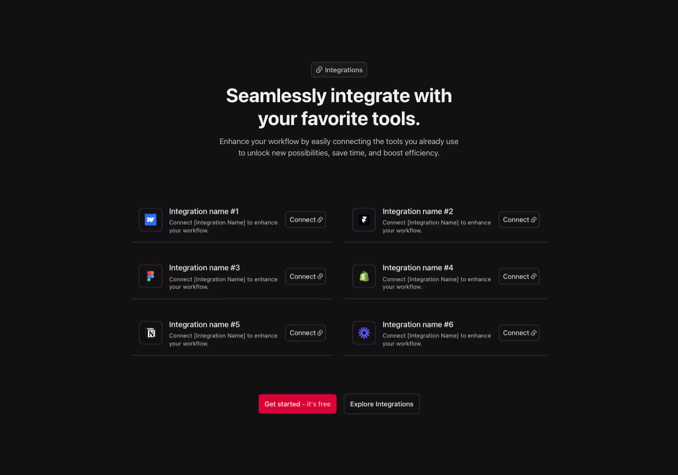 A Webflow integration section component with a centered heading and a 2-column grid layout showcasing integration.