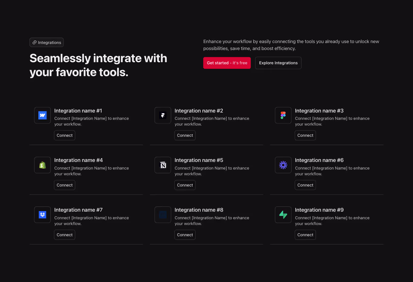 A Webflow integration section component with a horizontally aligned heading and a 3-column grid layout showcasing integration