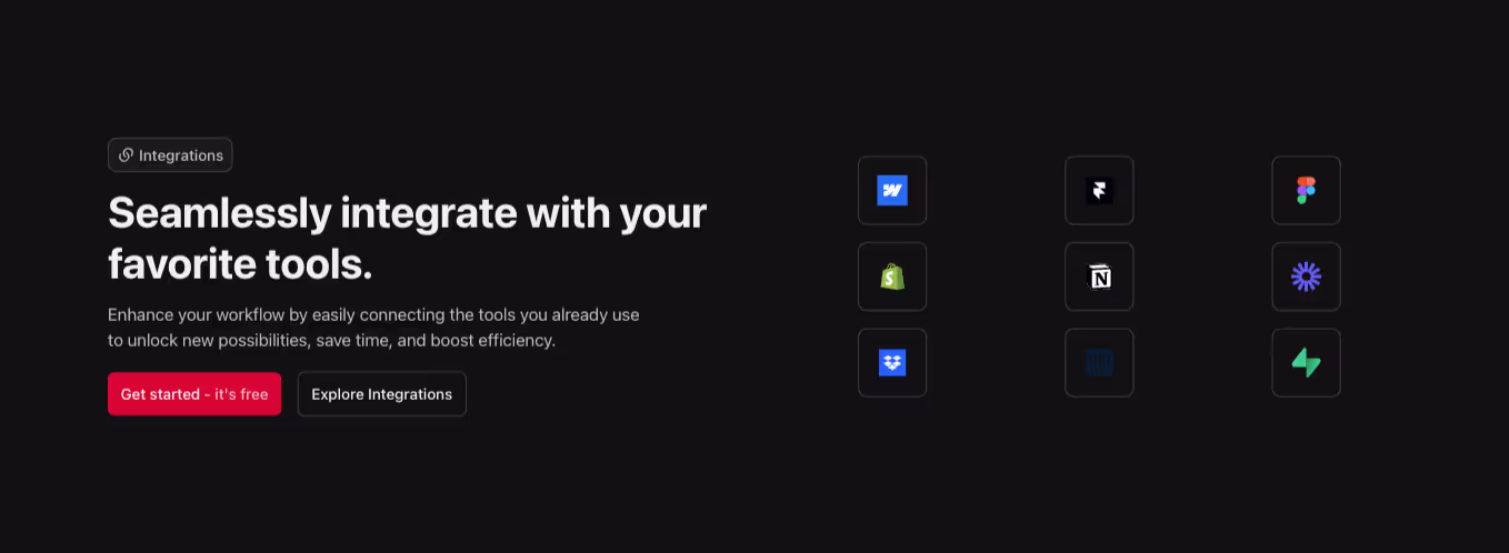 A Webflow integration section component with a left-aligned heading and interactive integration logos with tooltips.