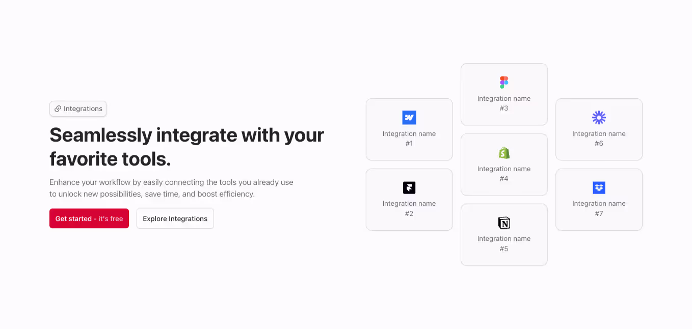 A Webflow integration section component with a left-aligned heading and integration logos displayed in cards.