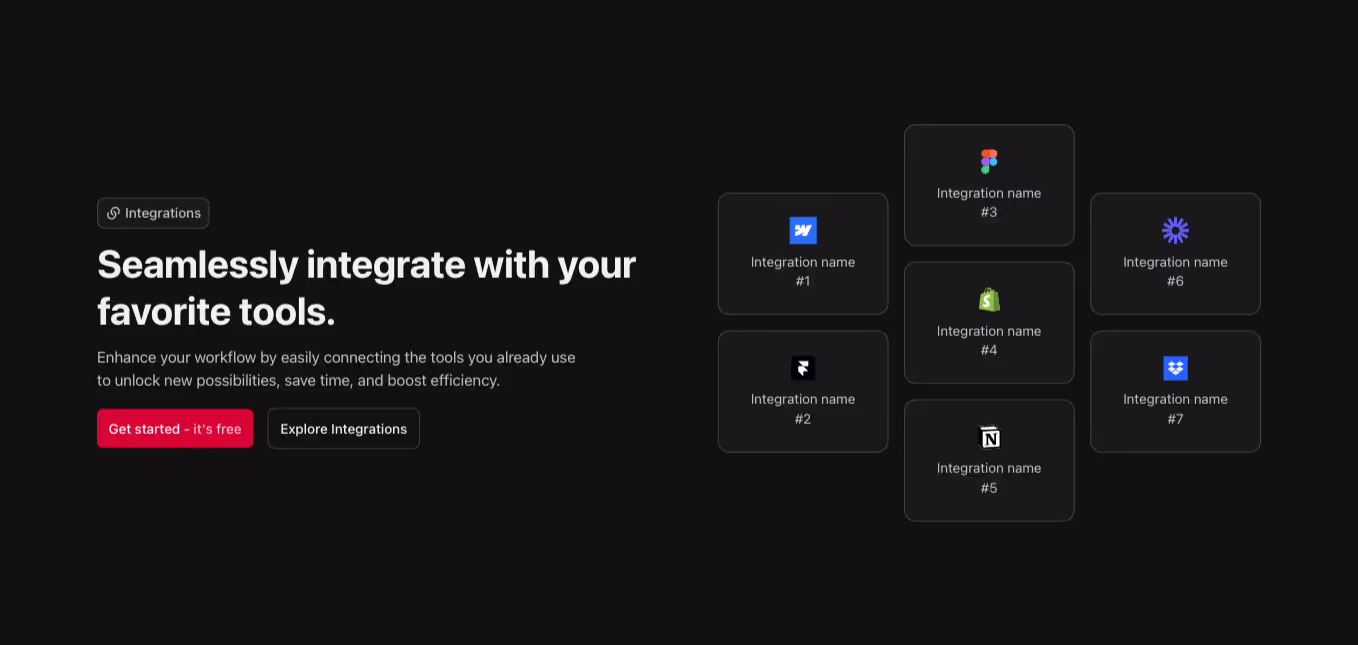 A Webflow integration section component with a left-aligned heading and integration logos displayed in cards.