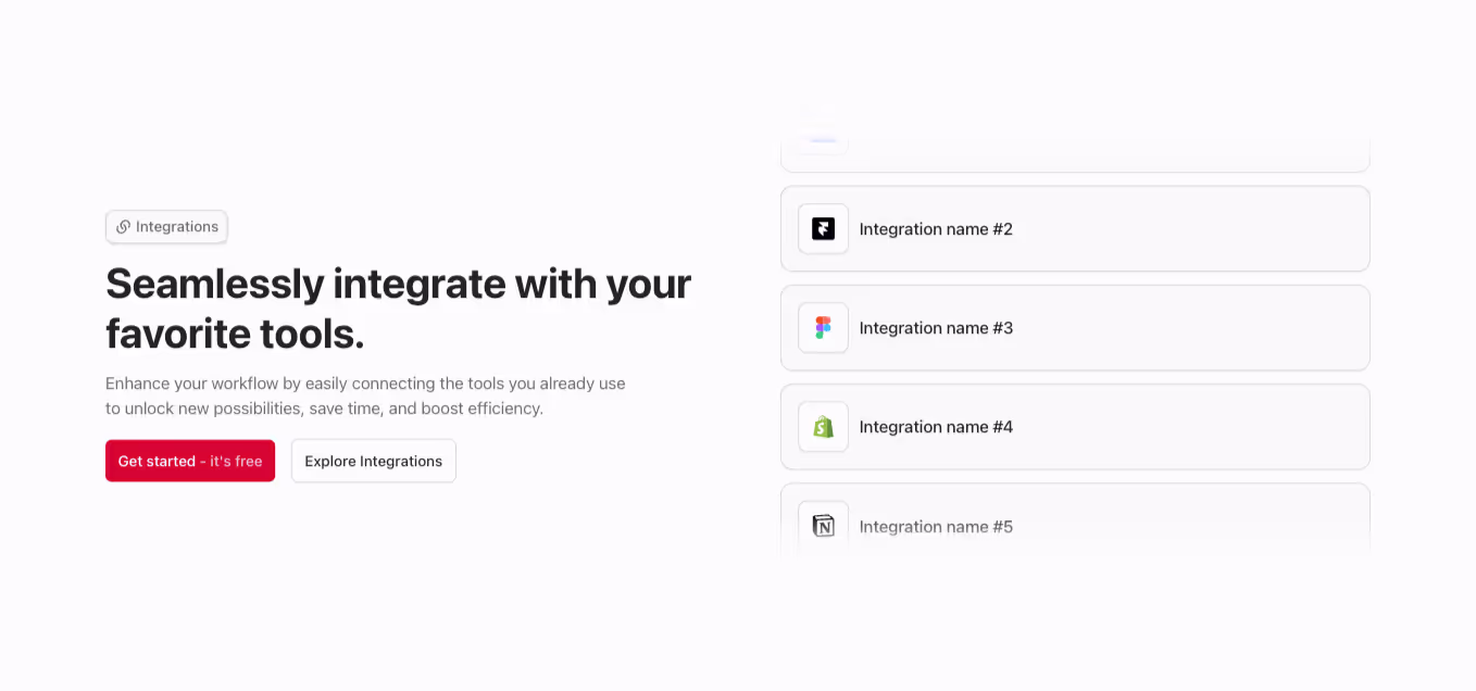 A Webflow integration section component with a left-aligned heading and integration logos in cards displayed in a slider to the right.