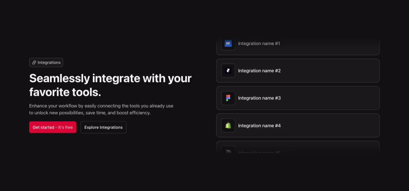 A Webflow integration section component with a left-aligned heading and integration logos in cards displayed in a slider to the right.
