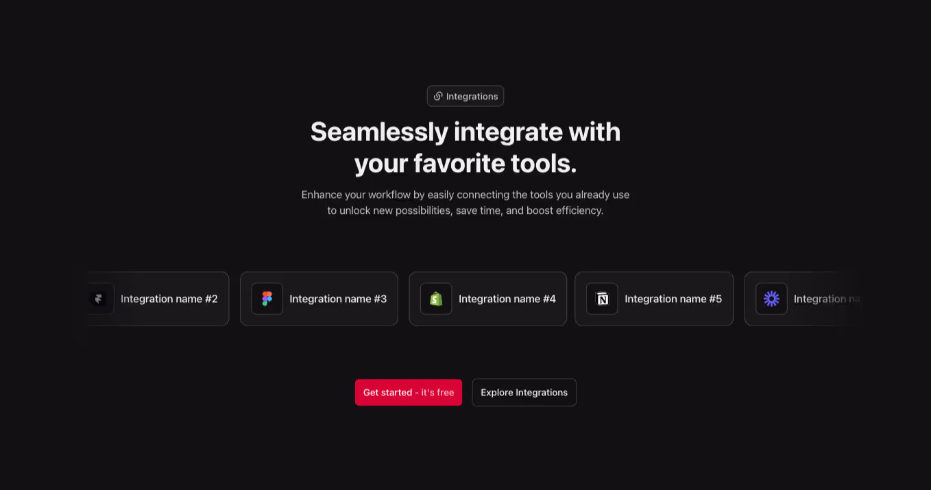 A Webflow integration section component with a centered heading and integration cards displayed in a slider.