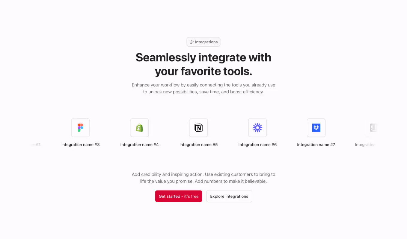 A Webflow integration section component with a centered heading and integration cards displayed in a slider.