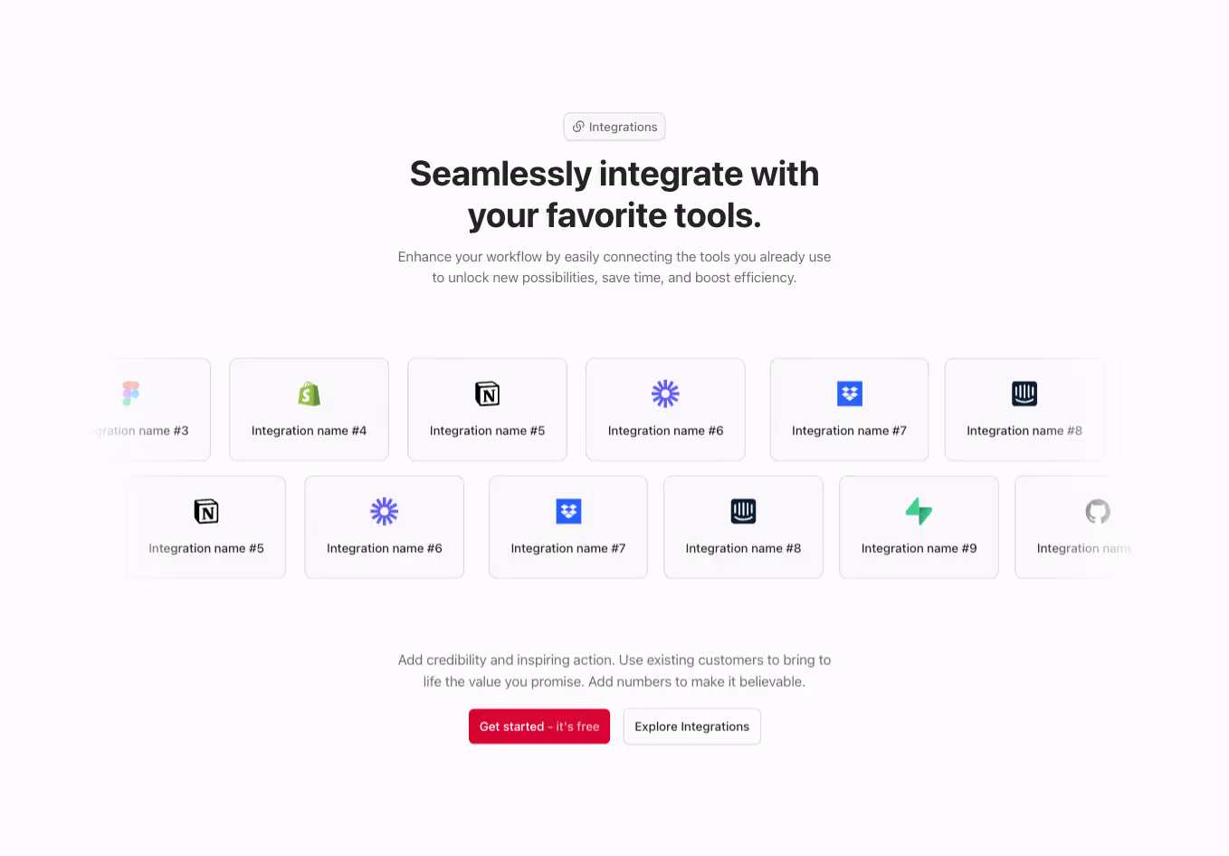 A Webflow integration section component with a centered heading and two integration cards in a slider, alternating directions.