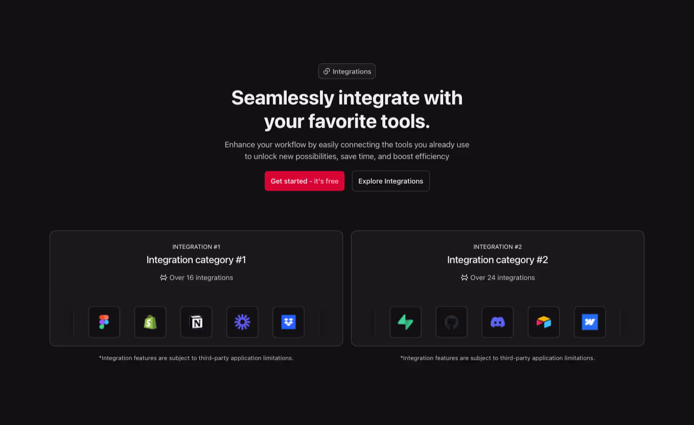 A Webflow integration section component with a centered heading and two integration cards, each featuring a logo slider.