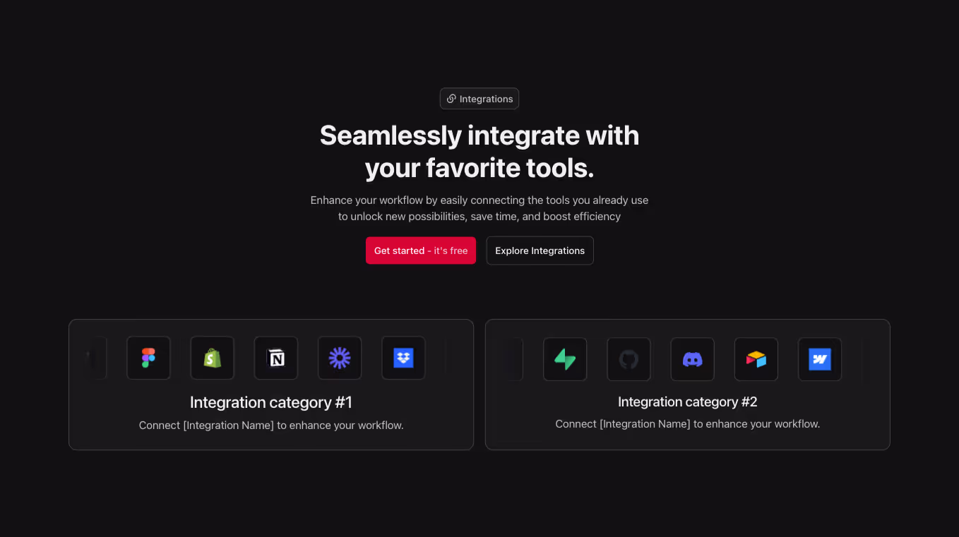 A Webflow integration section component with a centered heading and two integration cards, each featuring a logo slider.