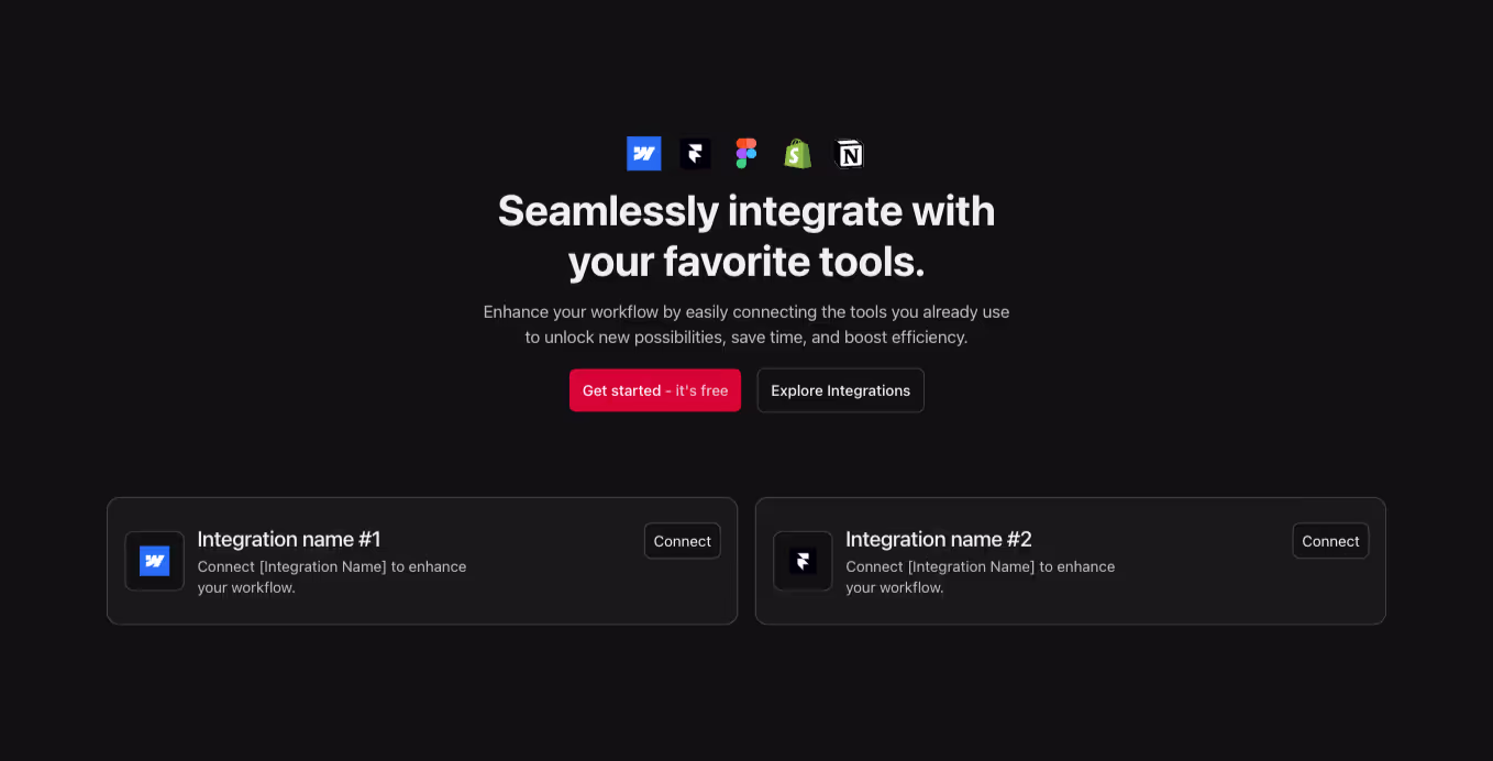A Webflow integration section component with a centered heading and two integration cards.