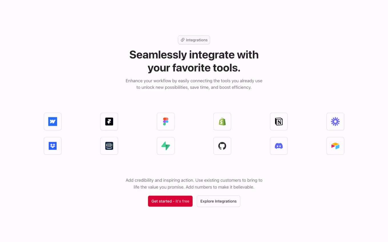 A Webflow integration section component with a centered heading and six integration logos, each wrapped with a tooltip for additional information.