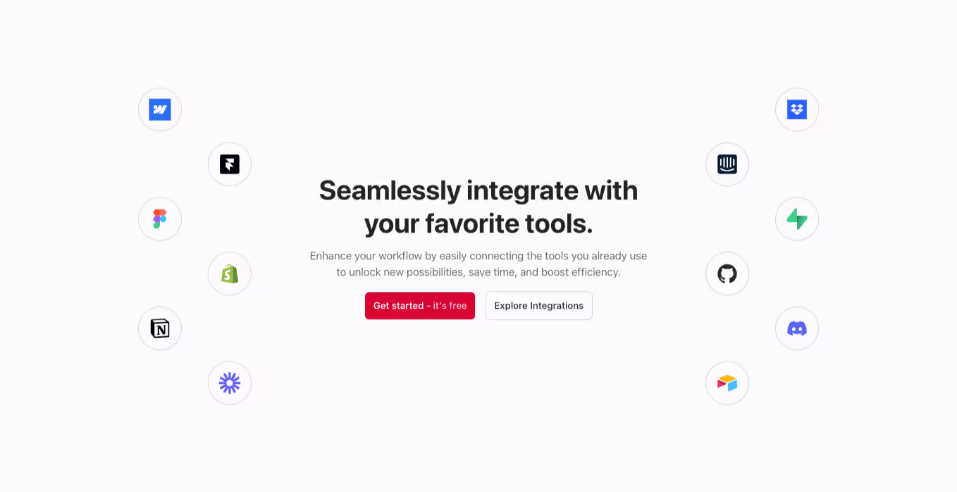 A Webflow integration section component with a centered heading, flanked by integration logos on each side, with each logo wrapped in a tooltip for additional information.