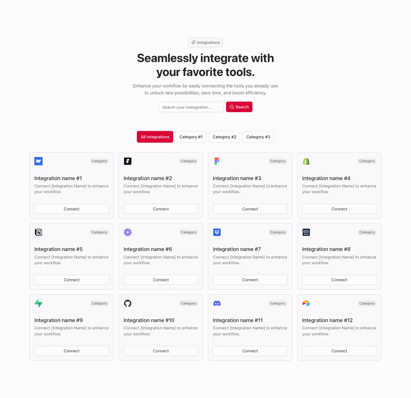 A Webflow integration section component with a centered heading and a 4-column grid of integration cards, featuring filter options for easy sorting and selection.