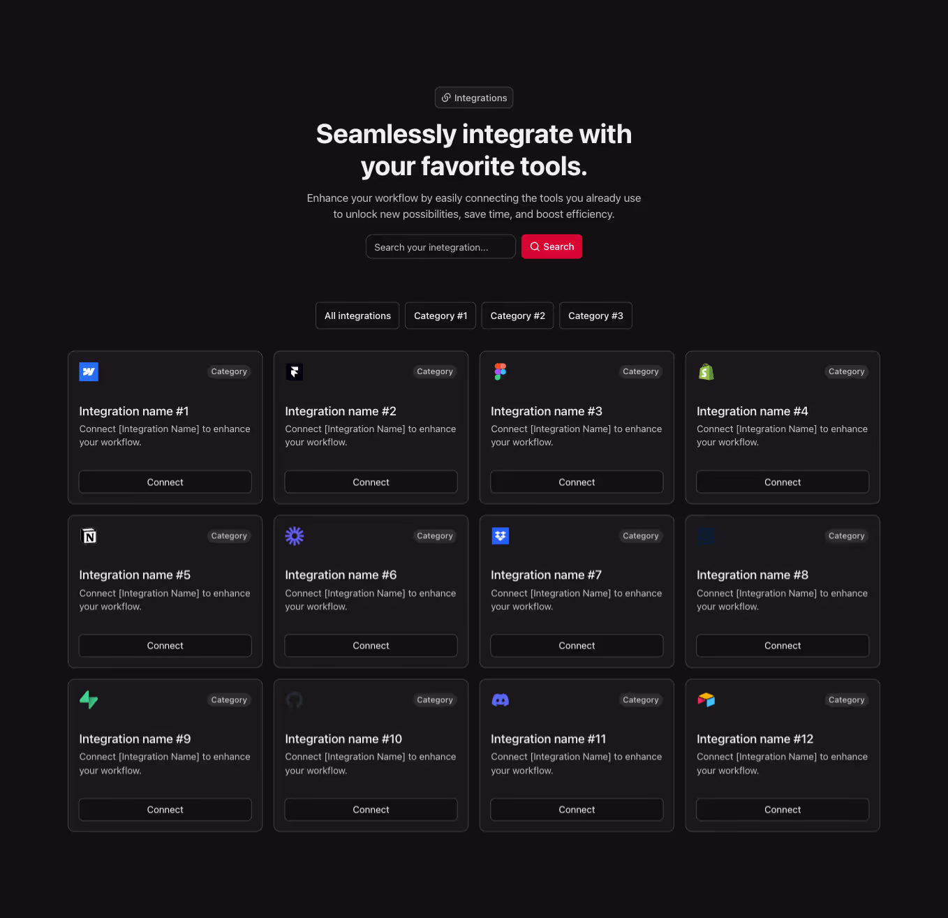 A Webflow integration section component with a centered heading and a 4-column grid of integration cards, featuring filter options for easy sorting and selection.
