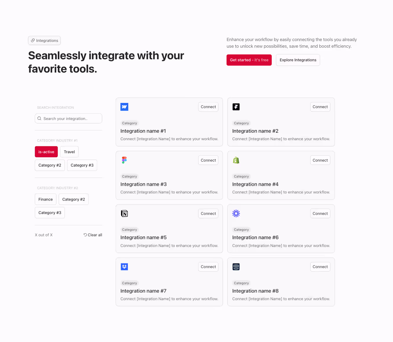 A Webflow integration section component with a horizontally aligned heading and a 2-column grid of integration cards displayed in tabs, with filters located in a left-aligned sidebar for easy sorting and selection.