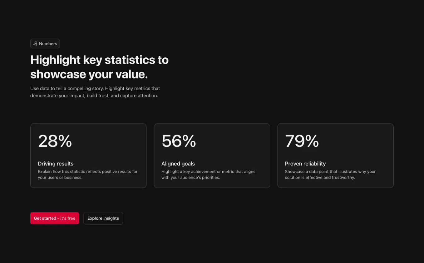 A Webflow stat section with a left-aligned heading and a 3-column grid containing three stat blocks in cards.