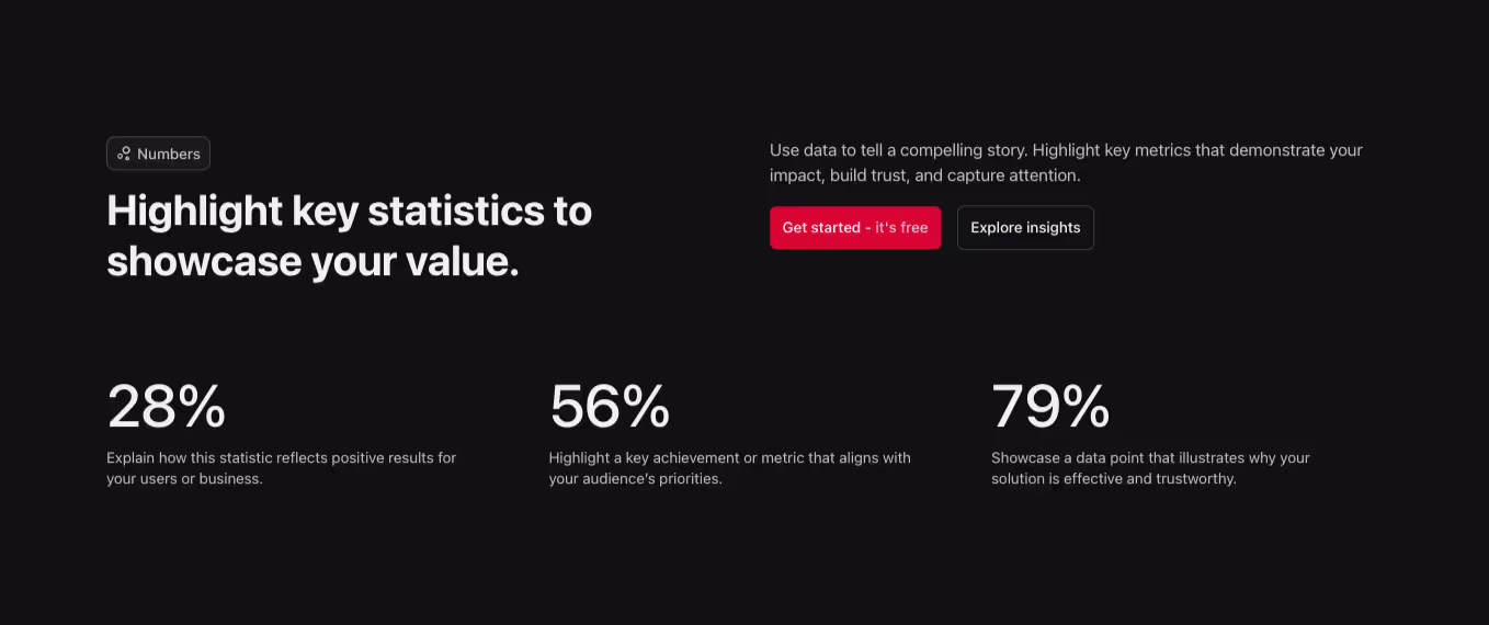 A Webflow stat section with a horizontal heading and a 3-column grid containing three stat blocks.