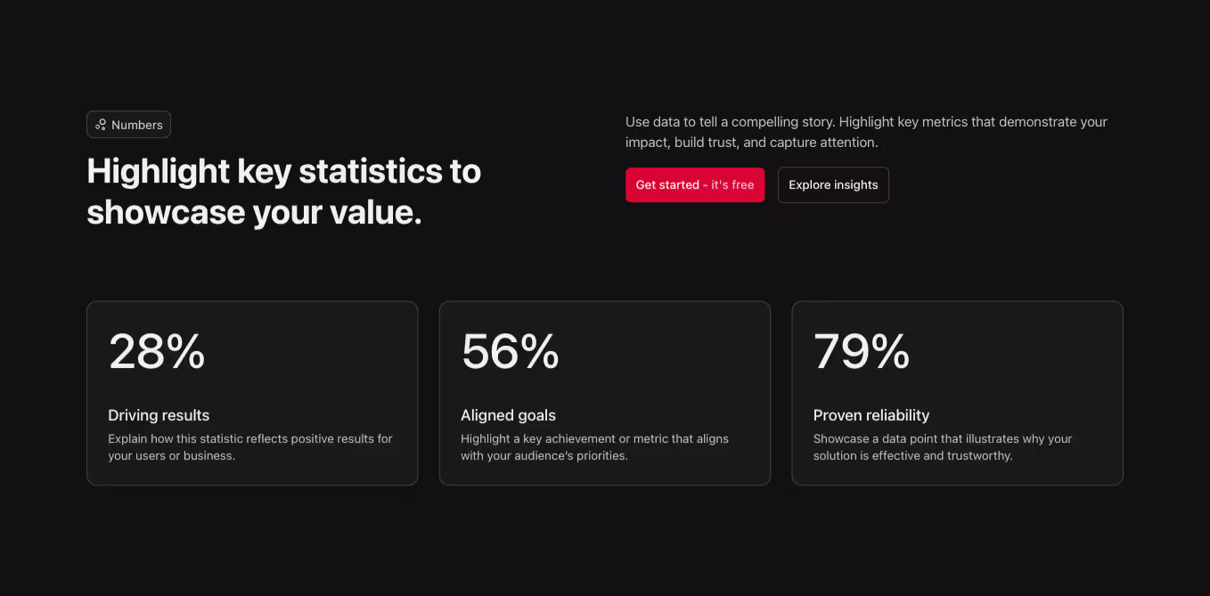 A Webflow stat section with a horizontal heading and a 3-column grid containing three stat blocks in cards.