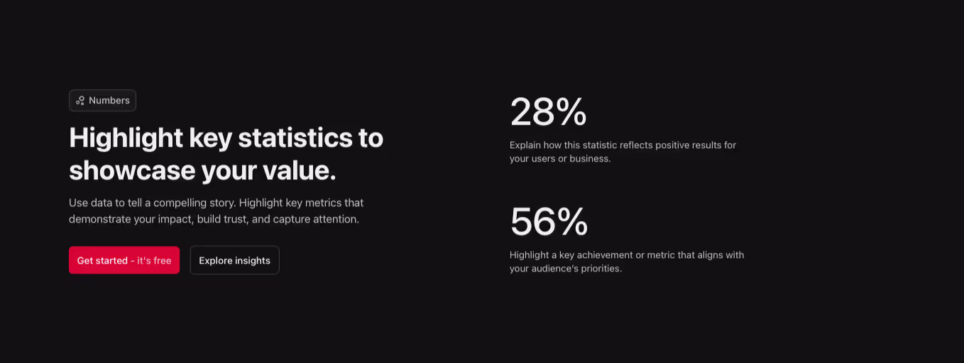 A Webflow stat section with a left-aligned heading and two stat blocks aligned vertically to the right.