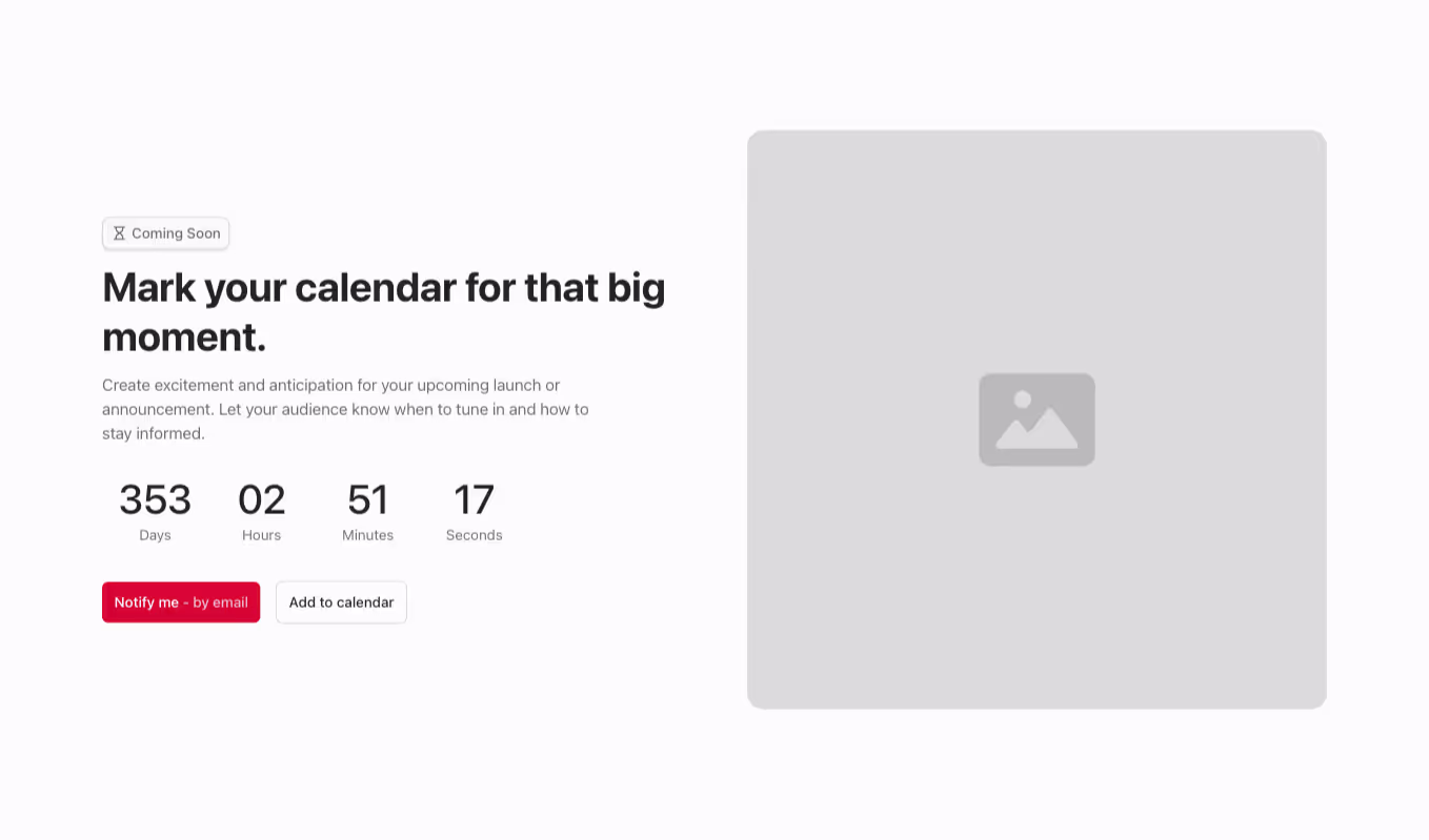 A Webflow countdown section with a left-aligned heading, a countdown timer, and an image positioned to the right.