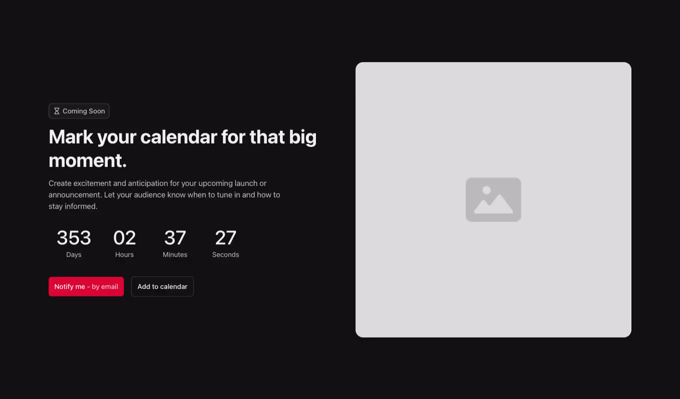 A Webflow countdown section with a left-aligned heading, a countdown timer, and an image positioned to the right.