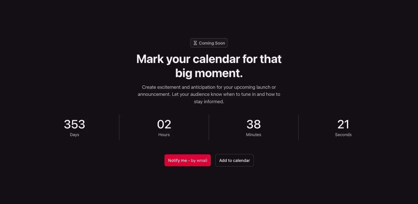 A Webflow countdown section with a centered heading on top and a countdown timer displayed directly below.