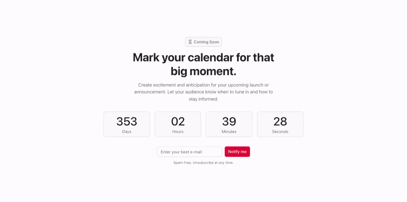 A Webflow countdown section with a centered heading on top and a countdown timer below, where each time unit is displayed within individual cards.