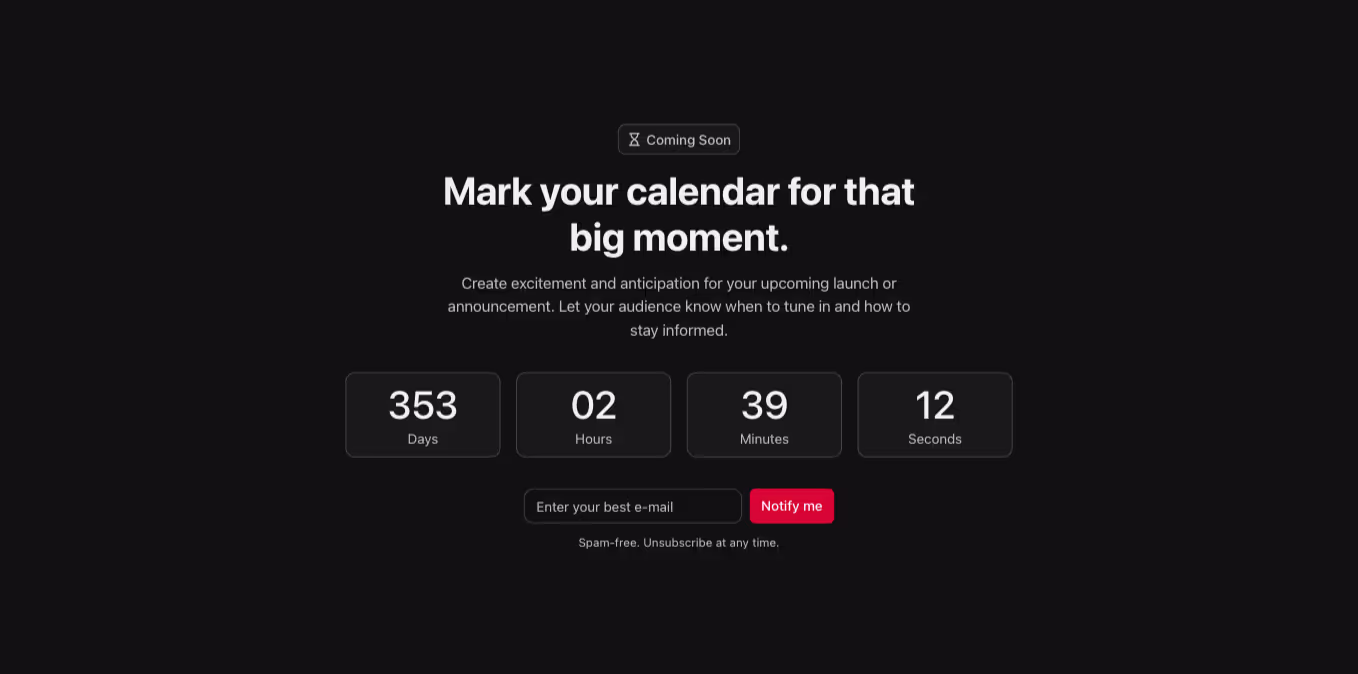 A Webflow countdown section with a centered heading on top and a countdown timer below, where each time unit is displayed within individual cards.