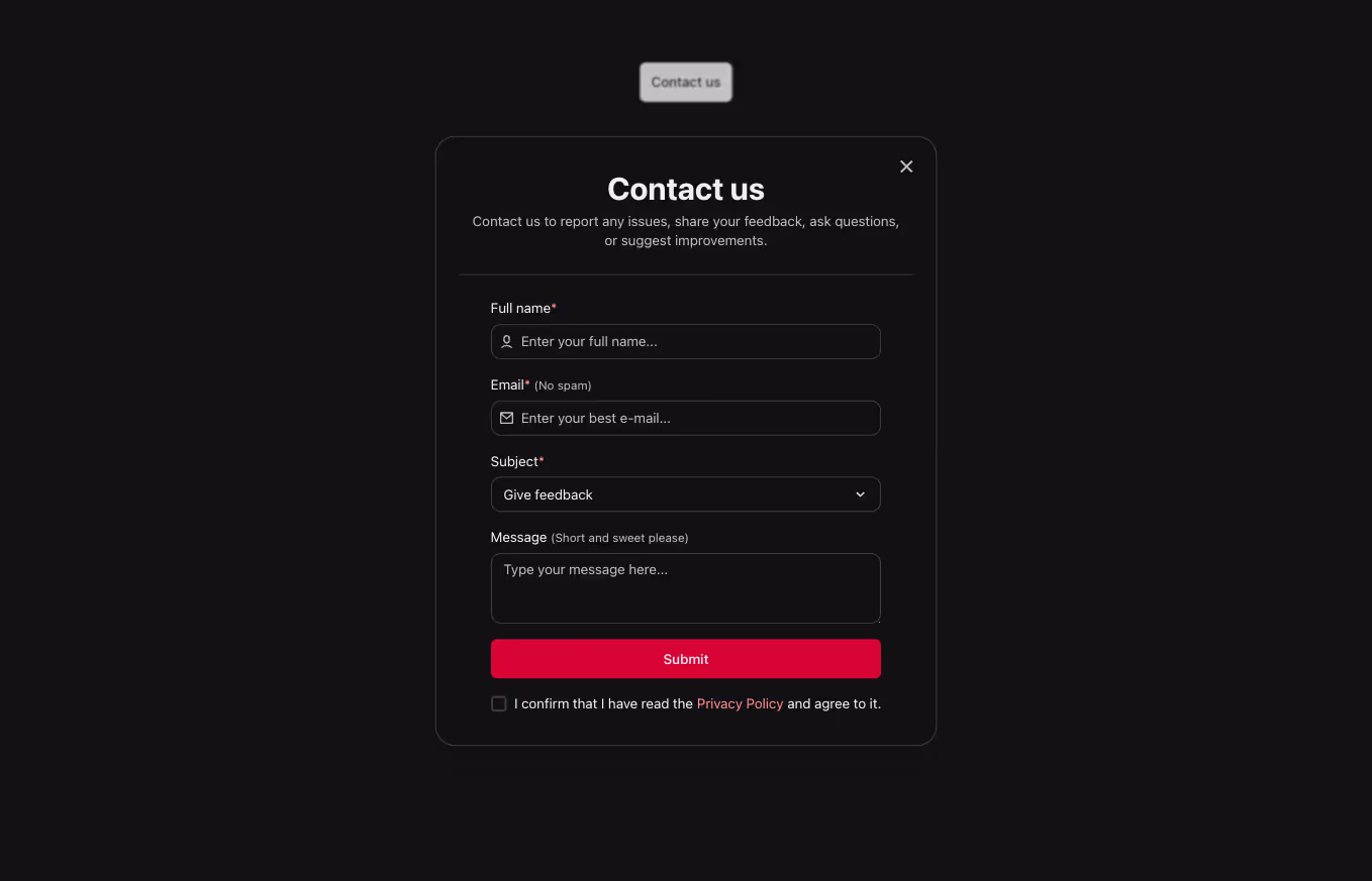A Webflow contact modal section with a simple contact form displayed on a centered floating card.