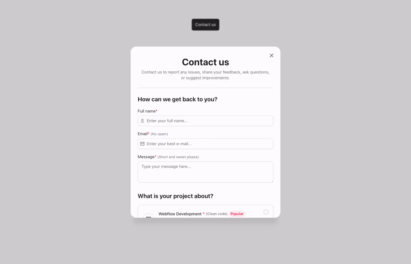 A Webflow contact modal section with a complex contact form displayed on a centered floating card, featuring fields like selectors, checkboxes, and radio buttons.
