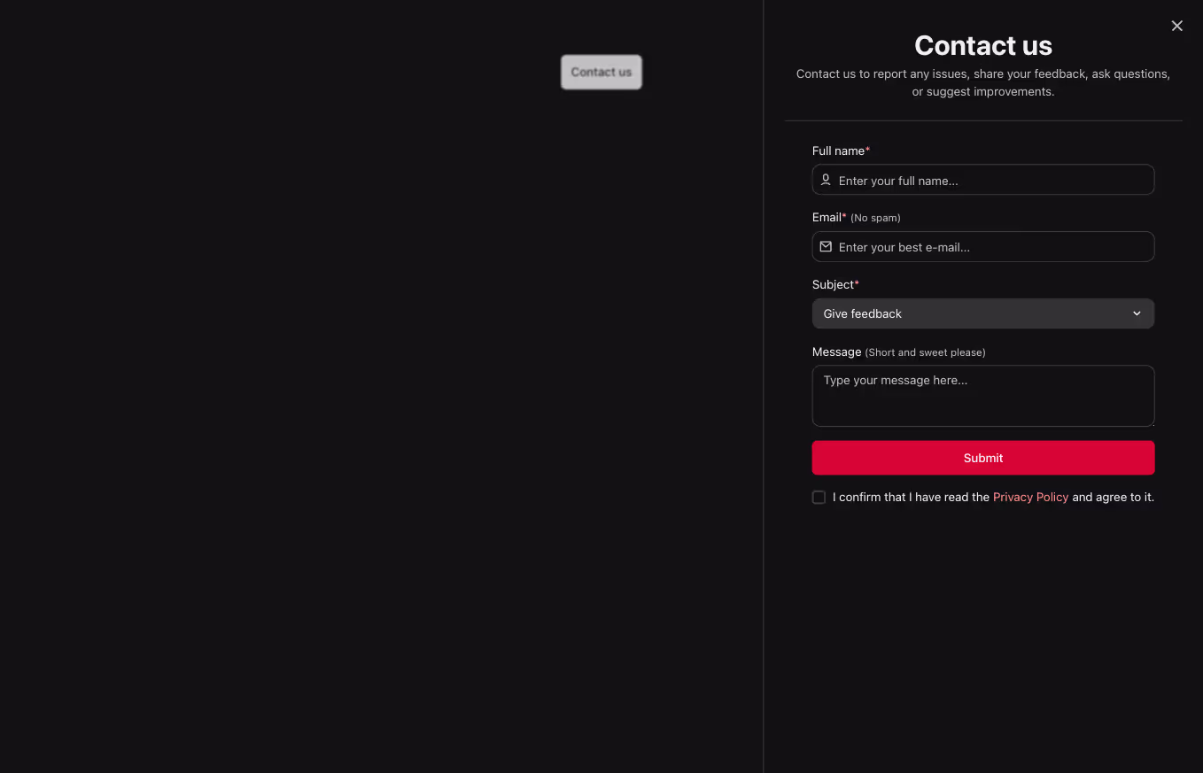 A Webflow contact modal section with a simple contact form displayed on a full-height drawer aligned to the right.