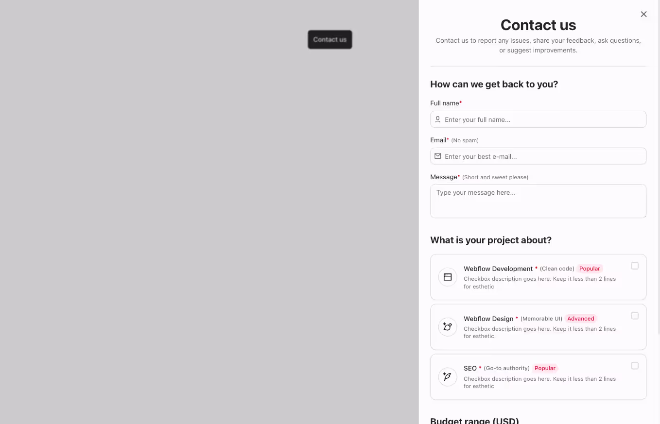 A Webflow contact modal section with a complex contact form displayed on a full-height drawer aligned to the right.