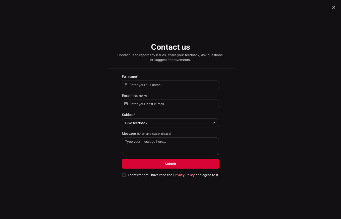 A Webflow contact modal section with a simple contact form displayed on a full-height, full-width centered modal.