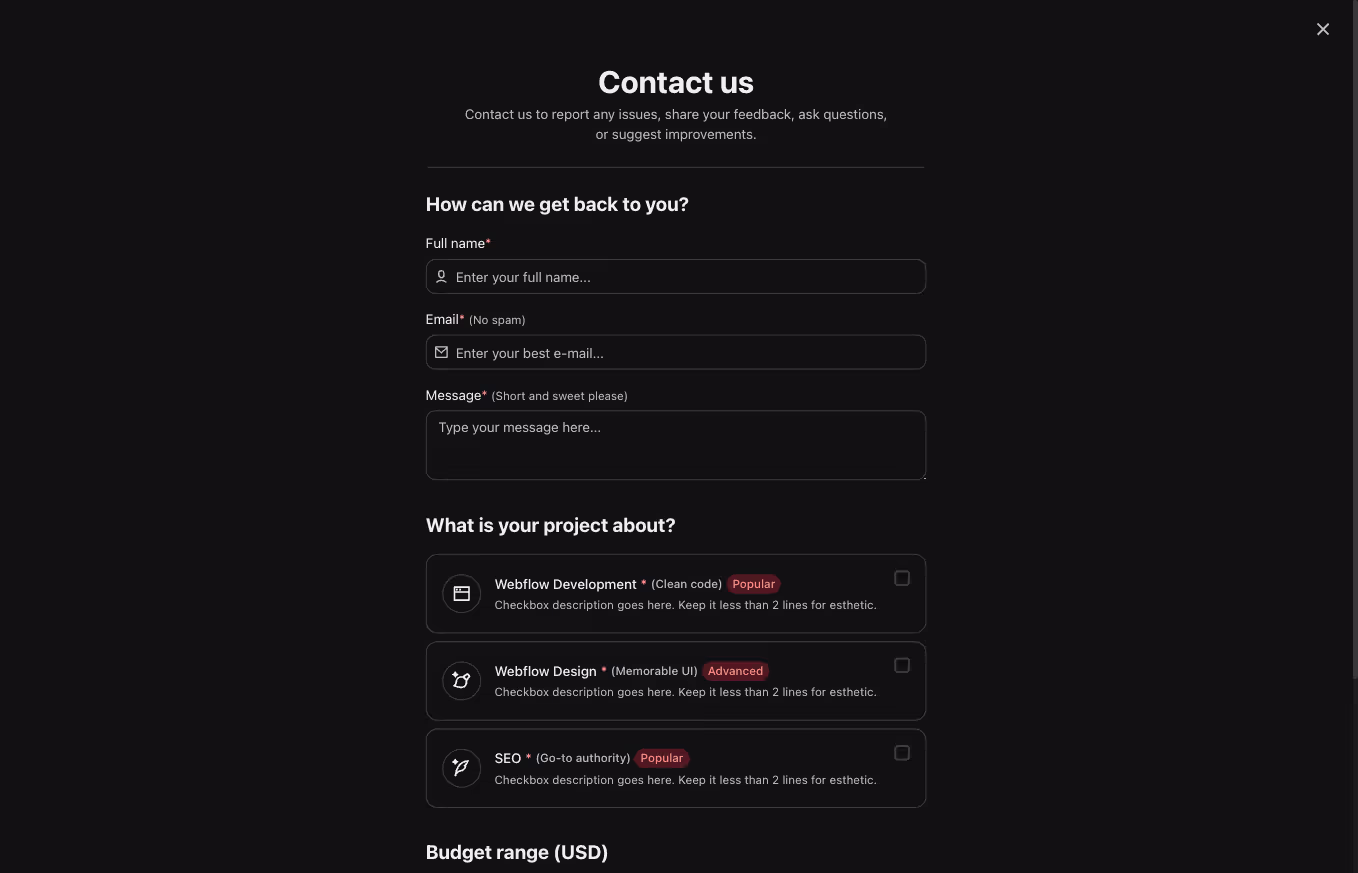 A Webflow contact modal section with a complex contact form displayed on a full-height, full-width centered modal.