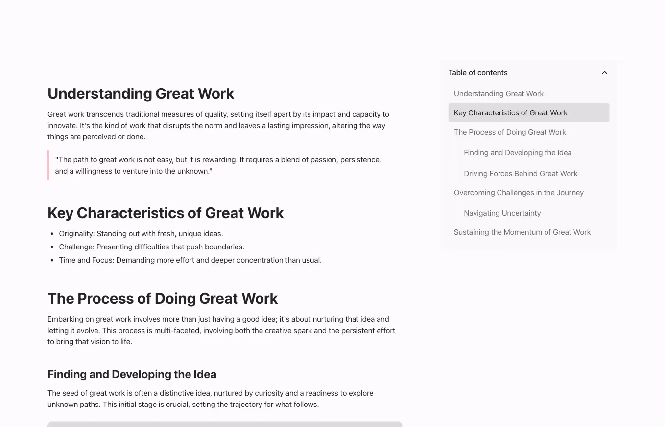 A long form content component in a 2 column layout with table of content to the right in an accordion.