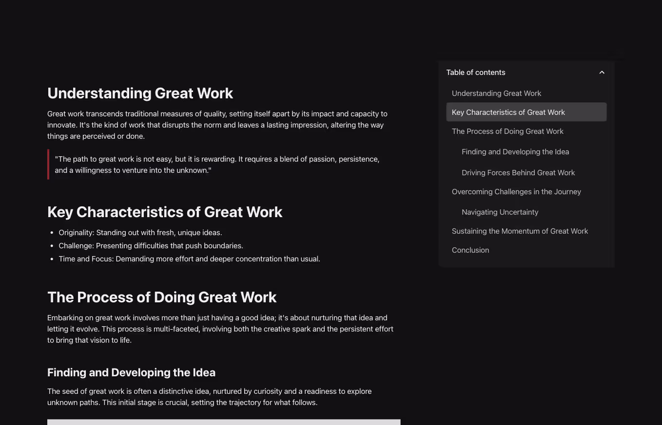 A long form content component in a 2 column layout with table of content to the right in an accordion.