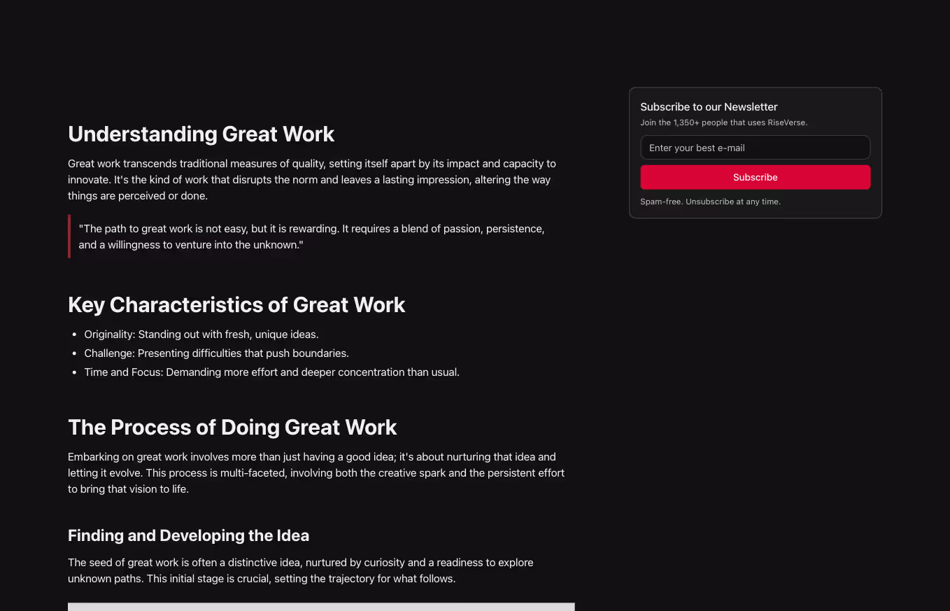 A long form content component in a 2 column layout with a newsletter form to the right.