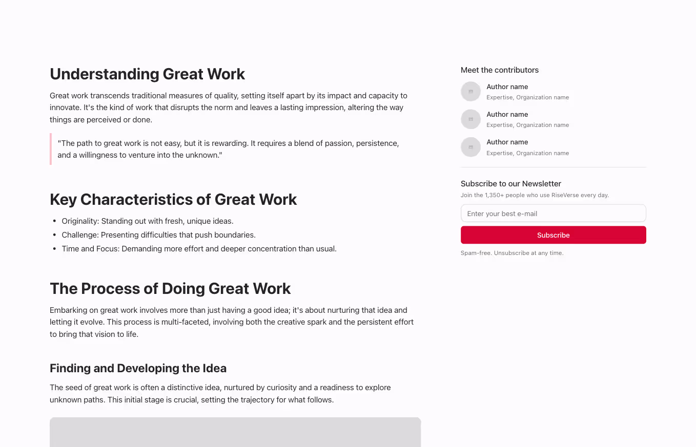 A long form content component in a 2 column layout with a newsletter form and authors list to the right.