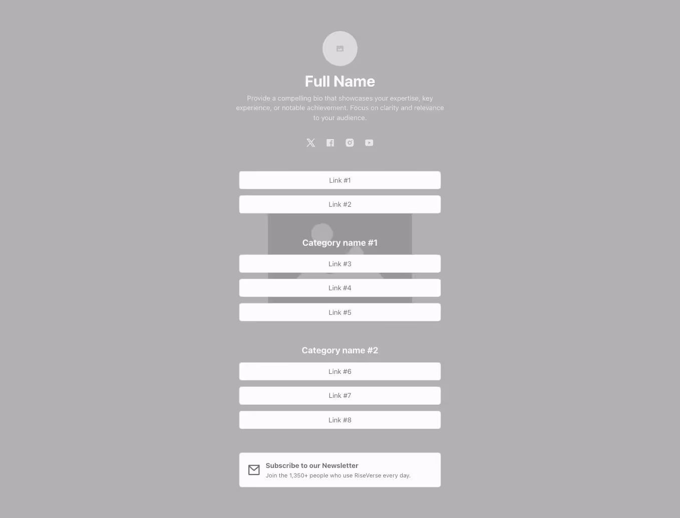 Link page component with content align centered in a 1 column layout with newsletter form modal and a background image.