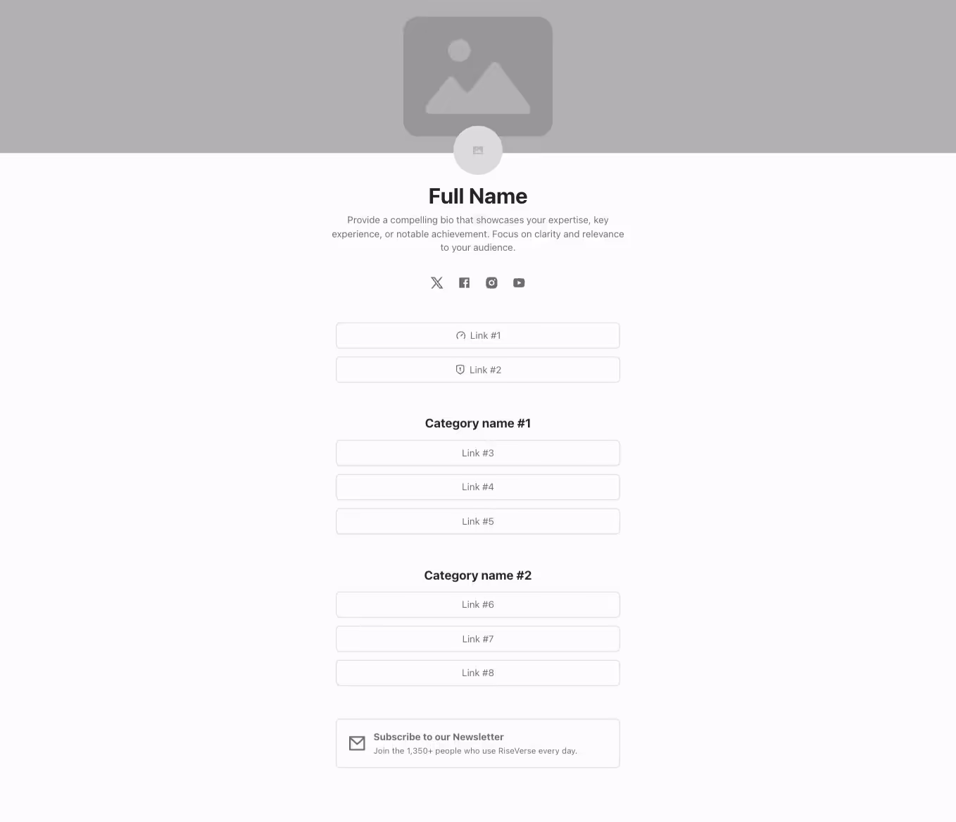 Link page component with content align centered in a 1 column layout with newsletter form modal and a cover image.