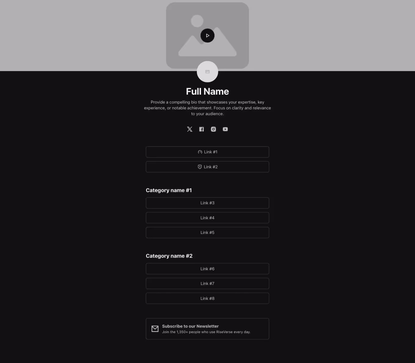 Link page component with content align centered in a 1 column layout with newsletter form modal and a cover video.