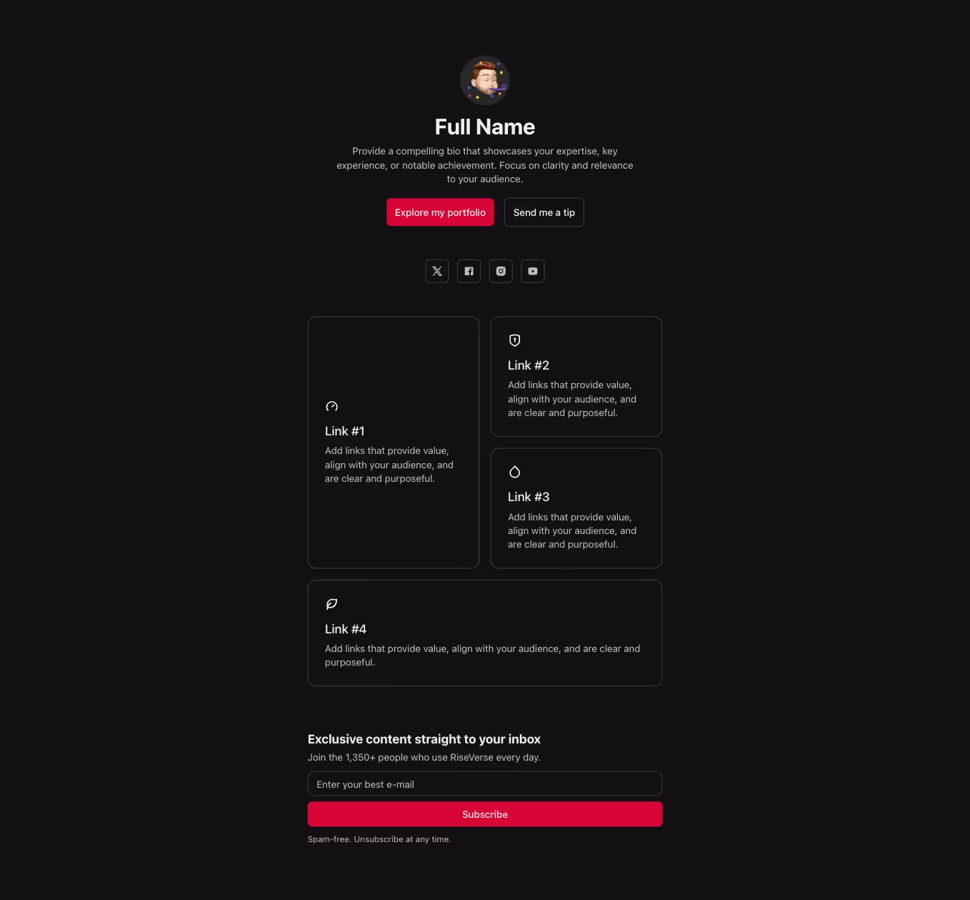 Link page component with links in a bento style layout and a newsletter form below.