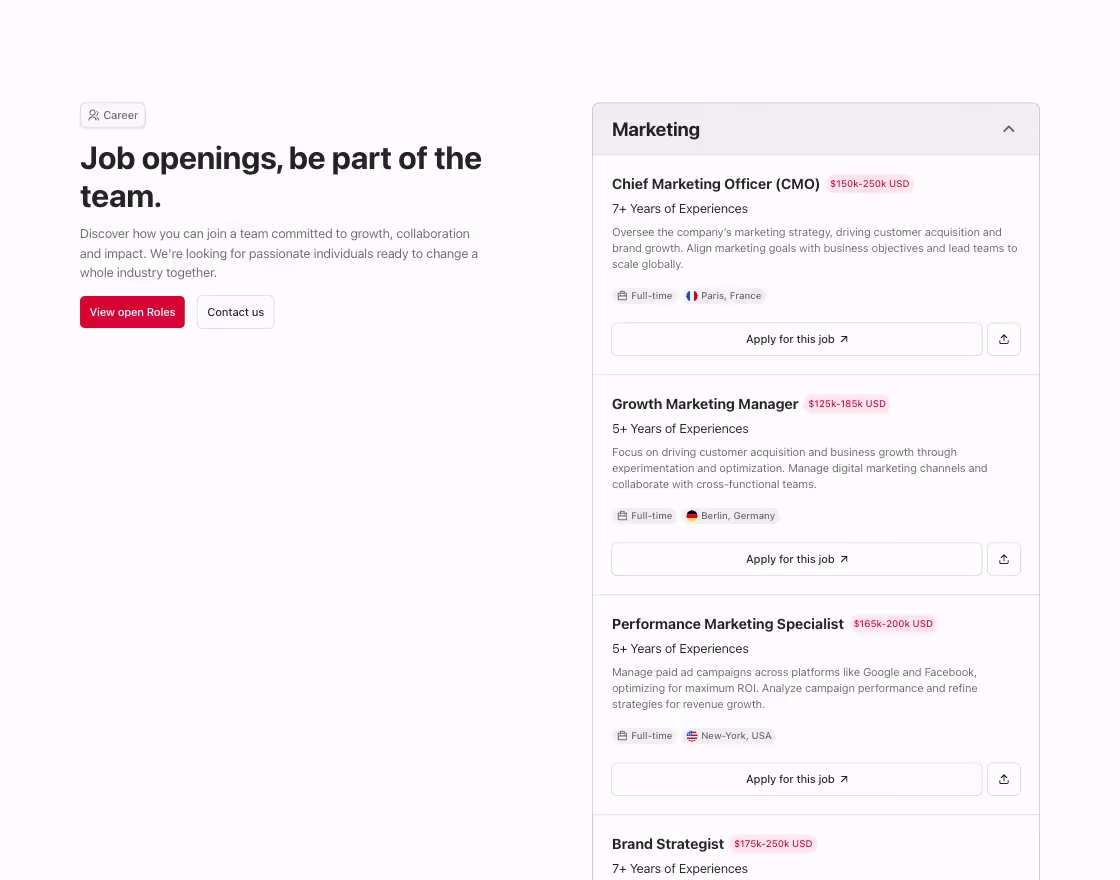 Career component with job list in accordions in a 2 columns layout.