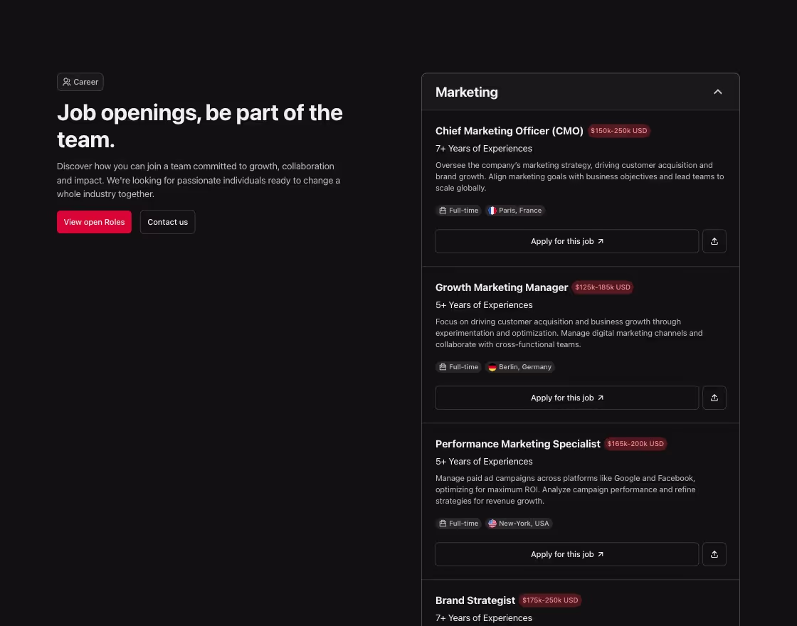Career component with job list in accordions in a 2 columns layout.